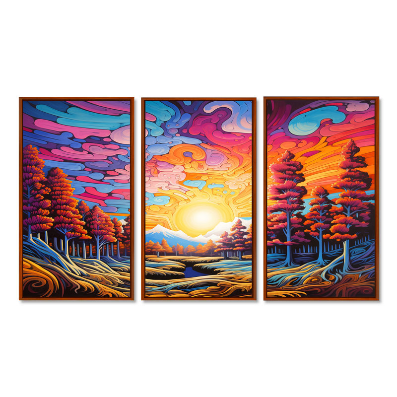 Ensemble de salon majestueux rose jaune coucher de soleil automne forêt - art mural forêt, Cadre flottant brun