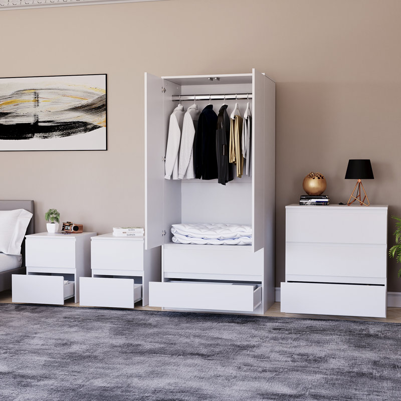 Tanino 4 Piece Bedroom Set (2 Drawer Large Bedside Chest X2, 3 Drawer Chest, 2 Door 2 Drawer Wardrobe), White
