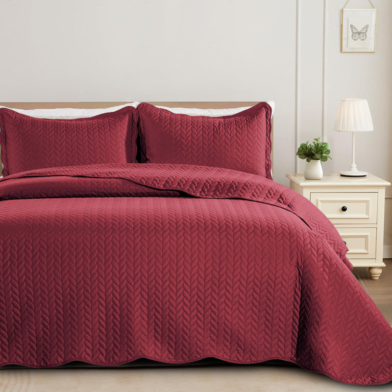 Oxford Homeware Embossed Microfiber Queen Bedspread Set - Soft and Oversized Bedding Set with Matching Shams, Burgundy