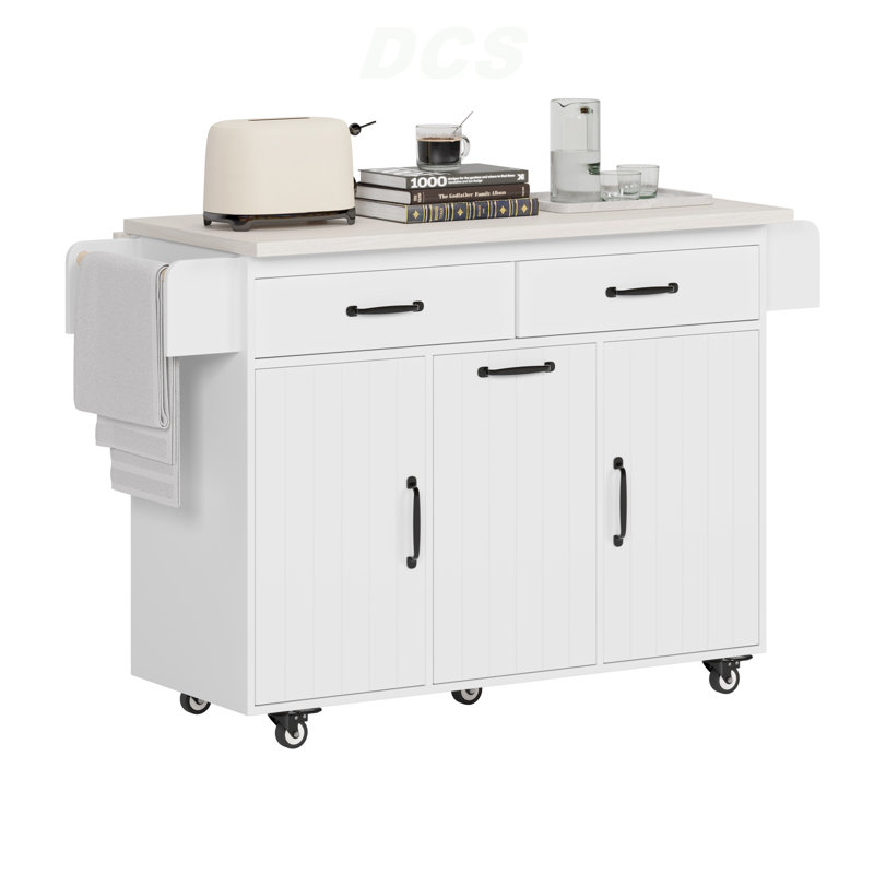 Kitchen Island With Trash Can Storage Cabinet, Kitchen Cart With Drop Leaf, Spice Rack, Towel Rack And Drawer, Rolling Kitchen Island On Wheels With Adjustable Shelf, White, Kitchen Island