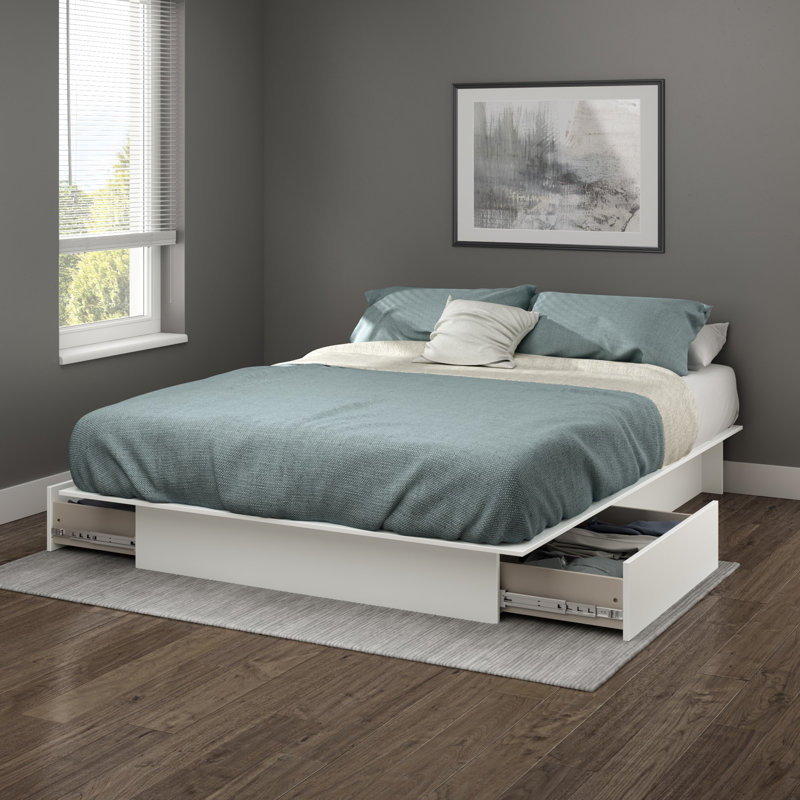 Lit plateforme double/grand avec rangement Step One, Blanc