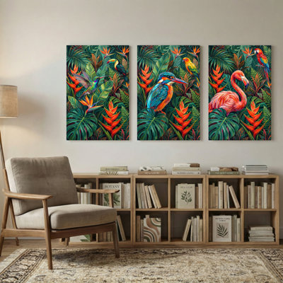 Animaux, oiseaux tropicaux et feuillage luxuriant, ensemble de 3 impressions sur toile