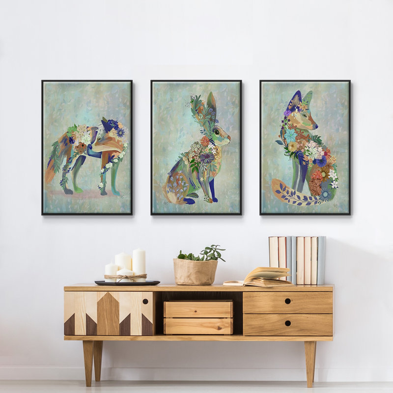 Fantastic Florals Fox, assis, impression sur toile 3 pièces, H 24 po x l 48 po x P 2 po, Noir