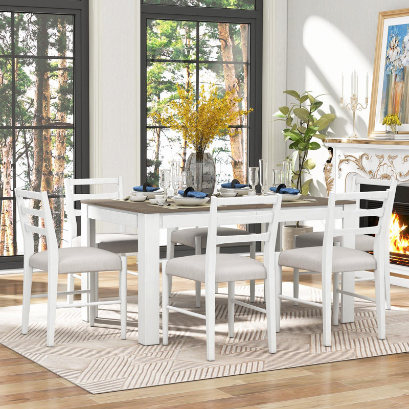 Farmhouse 7-Piece Wooden Dining Table Set- Multifunctional Extendable Table With 12" Leaf And 2 Drawers & 6 Upholstered Chairs (Brown + White)