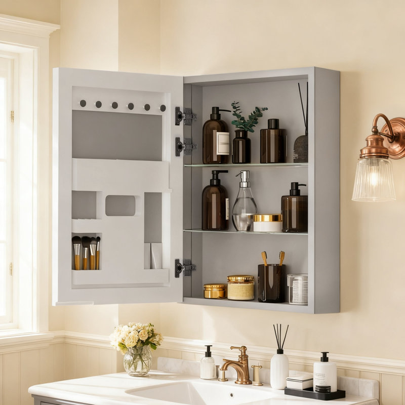 Armoire à pharmacie encastrée ou à fixation en surface sans cadre avec porte en miroir, tablettes réglables et organisateur de bijoux