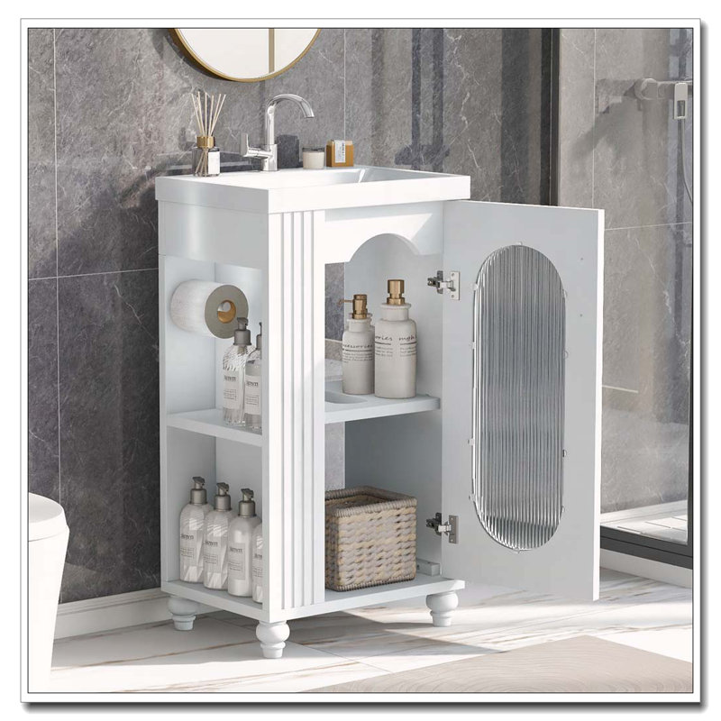Meuble-lavabo moderne de 20 pouces avec lavabo en céramique et tablettes latérales, Blanc