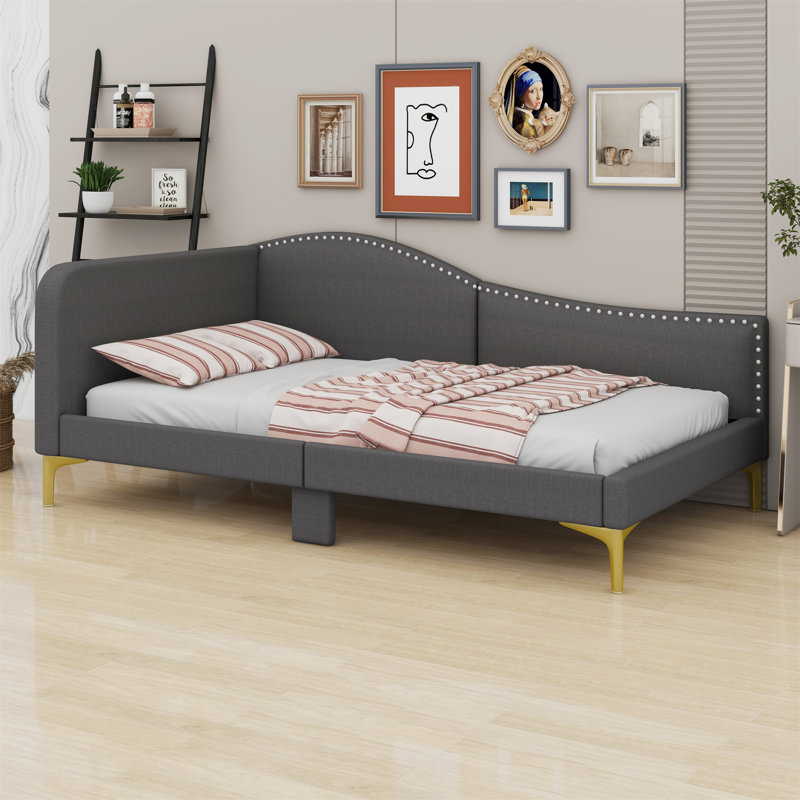 Upholstered Daybed With Headboard And Armrest, Gray