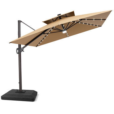 12' X 9' Rectangular Patio Cantilever Solar Led Light Umbrella With Weighted Base