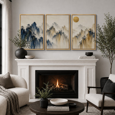 Blue Gold Misty Mountain Landscape Artwork, Living Room Pictures, Framed Canvas Giclee Print 3 Pieces Wall Art