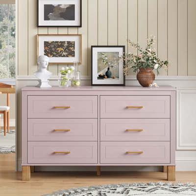 6-Drawer Double Dresse, Modern Storage Cabinet with Metal Handles & Solid Wood Legs, Dresser Drawer Organizer for Kids Bedroom, Heavy-Duty Wooden Dresser with Pre-Installed