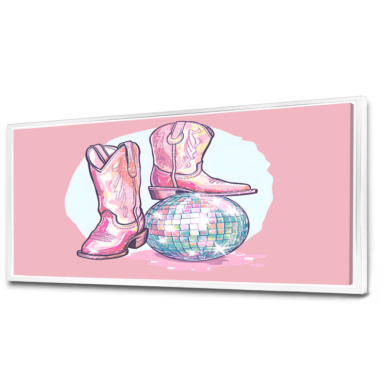 Décoration murale disco rose bottes de cowboys, Toile encadrée flottée blanche, H 28 po x l 60 po x P 1,5 po