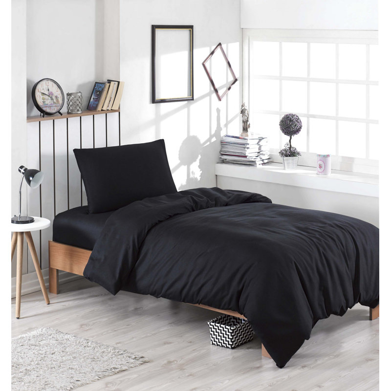 Ensemble de housse de couette simple Premium, noir, housse de couette 63 x 87, drap plat 63 x 94, taie d'oreiller 20 x 28 | 65% coton / 35% polyester, 120 fils | Lavable à la machine, facile d'entretien, conception élégante