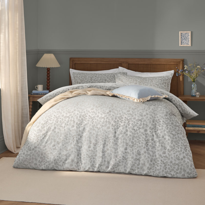 Grace Leaf Floral Duvet Cover Set, Grey Floral, Double Duvet Cover Set + 2 Standard Pillowcases