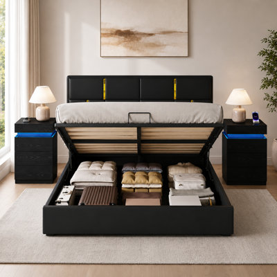 Ensemble de chambre à coucher 3 pièces, lit plateforme tapissier avec système de rangement hydraulique, ensemble de 2 tables de chevet avec station de charge intégrée et éclairage DEL