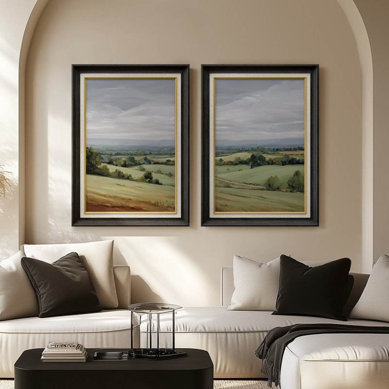 «Soft Rolling Countryside Hills Atmospheric Landscape», ensemble de 2 reproductions d'art encadrées sur papier de qualité supérieure 26 po x 36 po