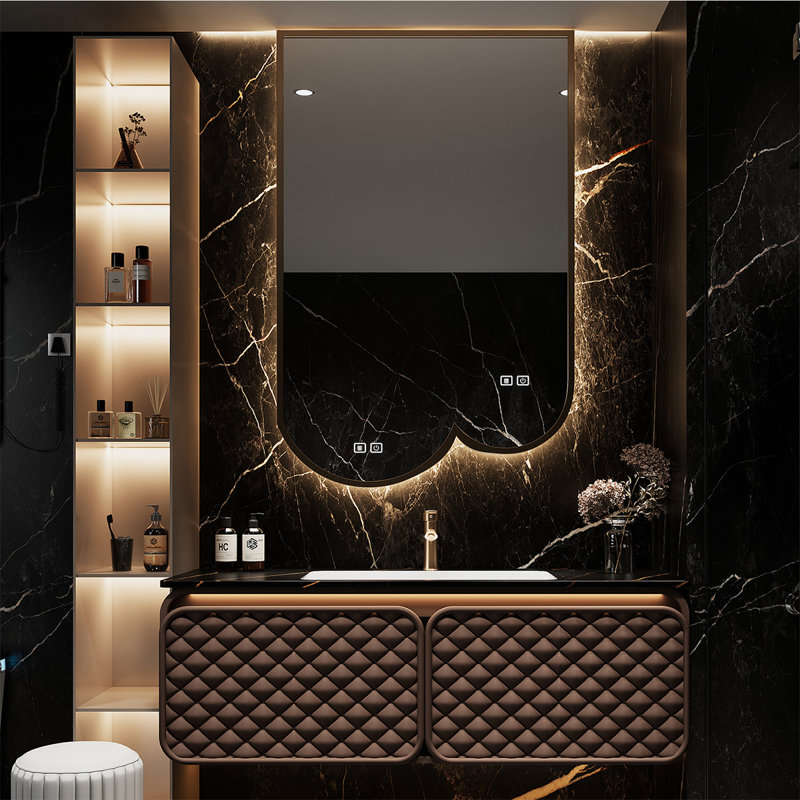 Meuble-lavabo mural en bois d'hévéa mural 31,50 po avec miroir intelligent, Café, 32"