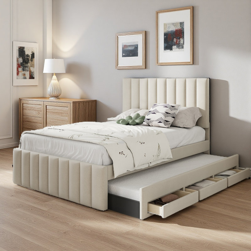 Lit plateforme tapissier charmant avec lit gigogne et 3 tiroirs, Lit double, Beige
