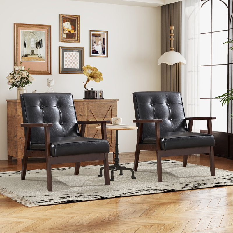 Chesterle 25''Wide Classic Upholstered Tufted Accent Chair With Solid Wood Legs, Black  Faux Leather