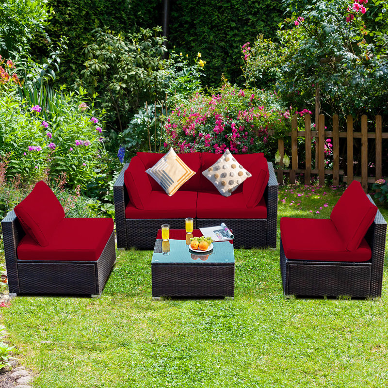 Rattan Sectional Seating Group with Cushions, Red