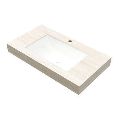 Comptoir en pierre frittée de 91,4 cm (36 po) avec design et lavabo encastré en céramique, un trou pré-percé pour robinet, blanc beige, bonne résistance aux dommages structurels, profondeur de 92 cm (36,21 po), largeur de 48,4 cm (19,06 po), hauteur de 21,8 cm (8,59 po).