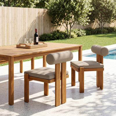 Modern Rustic Acacia Wood Outdoor Dining Chair with Cylindrical Cushion Backrest and Water-Repellent Upholstery
