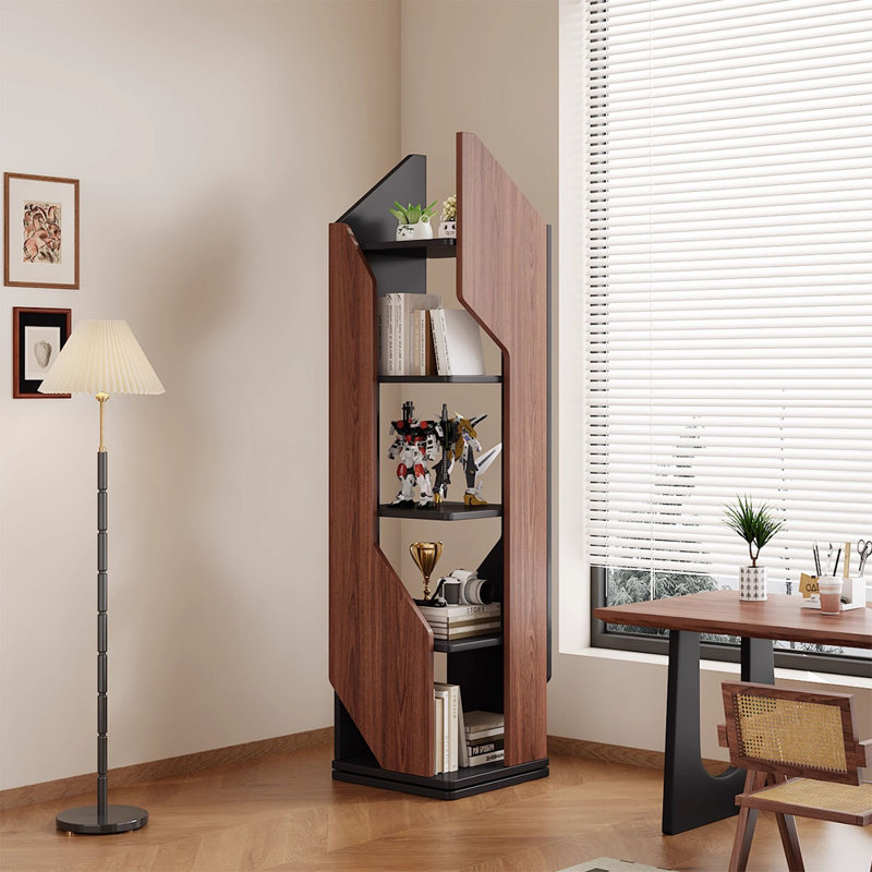 Bibliothèque rotative en bois manufacturé noyer et noir moderne, (5 tablettes) H 59,06 po x l 15,75 po x P 15,75 po