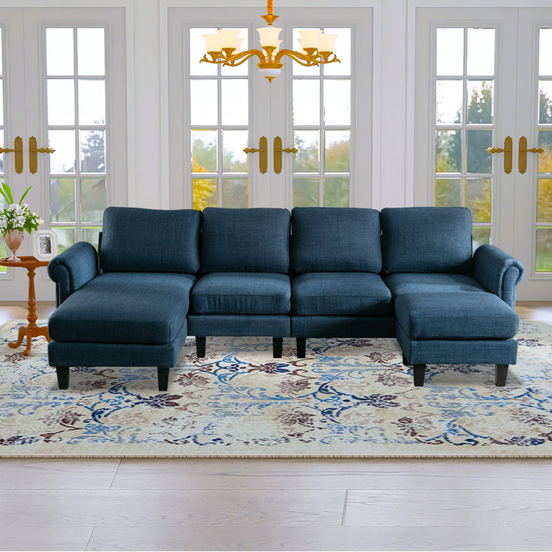 Canapé modulaire avec repose-pieds et méridienne 108,66 po Charlotte, 100 % polyester bleu marine