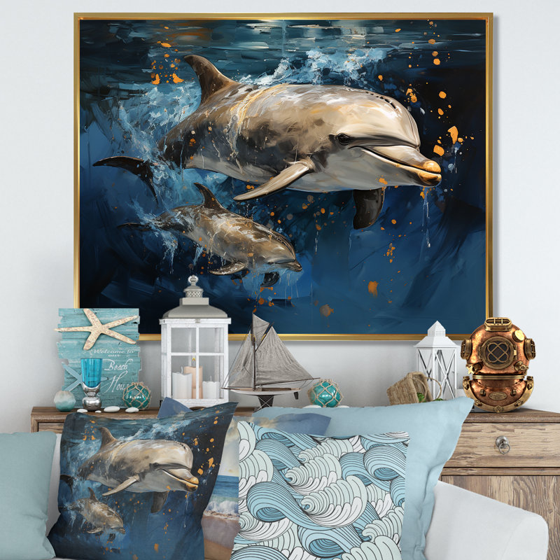 Dauphins dansants - animaux, art des dauphins, Cadre flottant doré, H 34 po x l 44 po x P 1,5 po