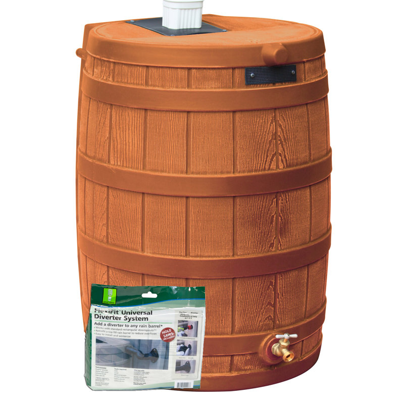Good Ideas Plastic Drainable Dual Overflow Rain Barrel, Terra Cotta