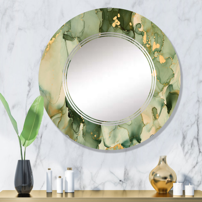 Miroir mural vert abstrait avec art fluide, 32 po x 32 po