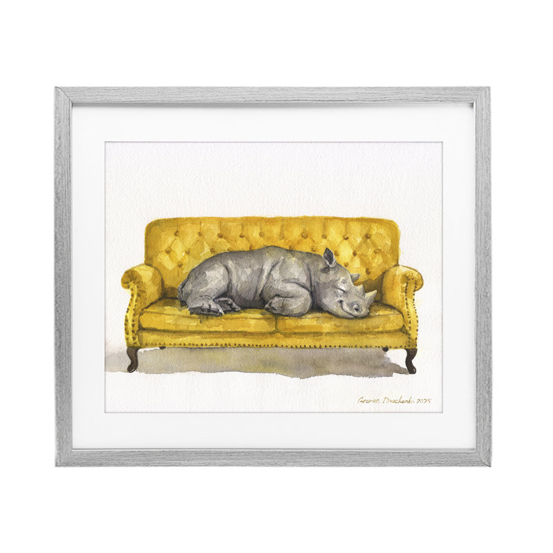 Adorable reproduction de rhinocéros encadrée sous verre, design par George Dyachenko, H 17 po x l 21 po, Cadre de ferme gris