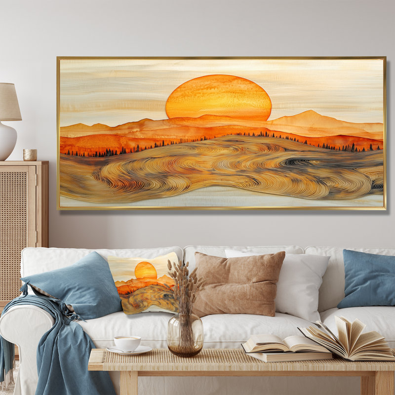 Lever de soleil sur un horizon de montagne en marbre - forêt, art mural, H 28 po x l 60 po, Floater Framed, Doré