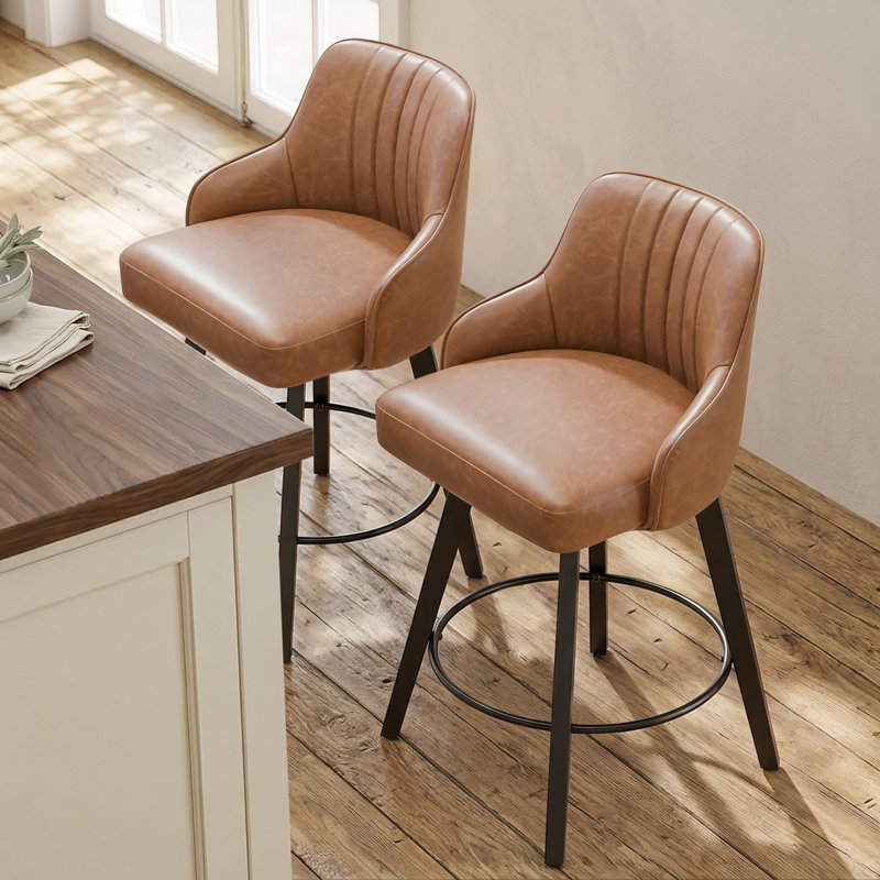 Tabouret de bar moderne rembourré et rembourré en cuir de polyuréthane épais avec pieds en bois, Brun, 2