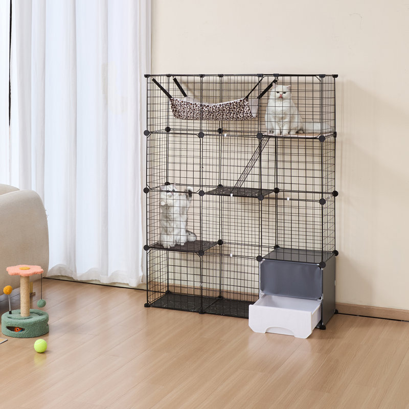 Grande cage à chat à 4 niveaux, 41 x 14 x 55 pouces, enclos métallique détachable, espace d'exercice intérieur et extérieur idéal pour les chats et les petits animaux, noir, avec bac à litière, hamac, rampe et échelle.