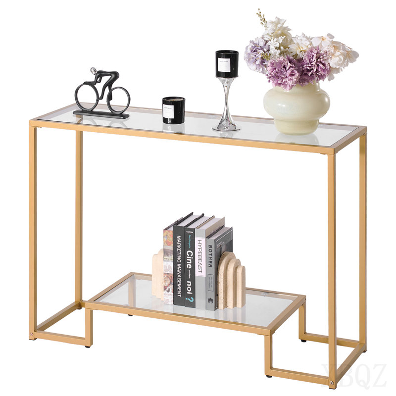 Console à 2 niveaux en verre, table d'appoint rectangulaire moderne avec plateau en verre trempé et pieds en fer, bureau consloe doré avec dispositif anti-basculement pour le salon, le couloir, l'entrée, le vestibule, le doré