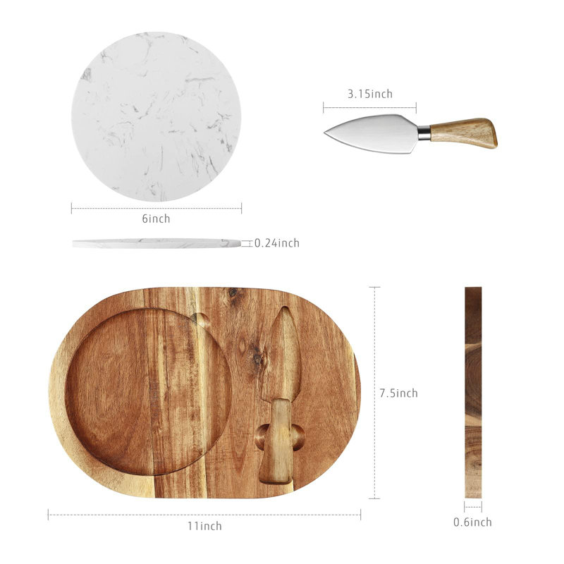 Ensemble de planches à fromage ovales en bois, plateau de service à fromage en bois d'acacia avec marbre blanc, plateau de service à couteaux à charcuterie