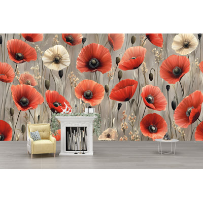 Murale fleur rouge coquelicot - papier peint rétro de fleurs sauvages pour le salon, le vestibule ou la salle à manger - élégante décoration murale botanique