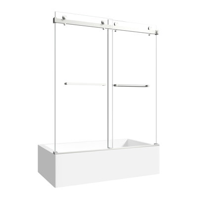 Porte de douche coulissante double en nickel brossé de 55 po à 60 po de largeur, facile à installer, largeur réglable, poignées pratiques, rail en forme de L imperméable à l'eau, poignée