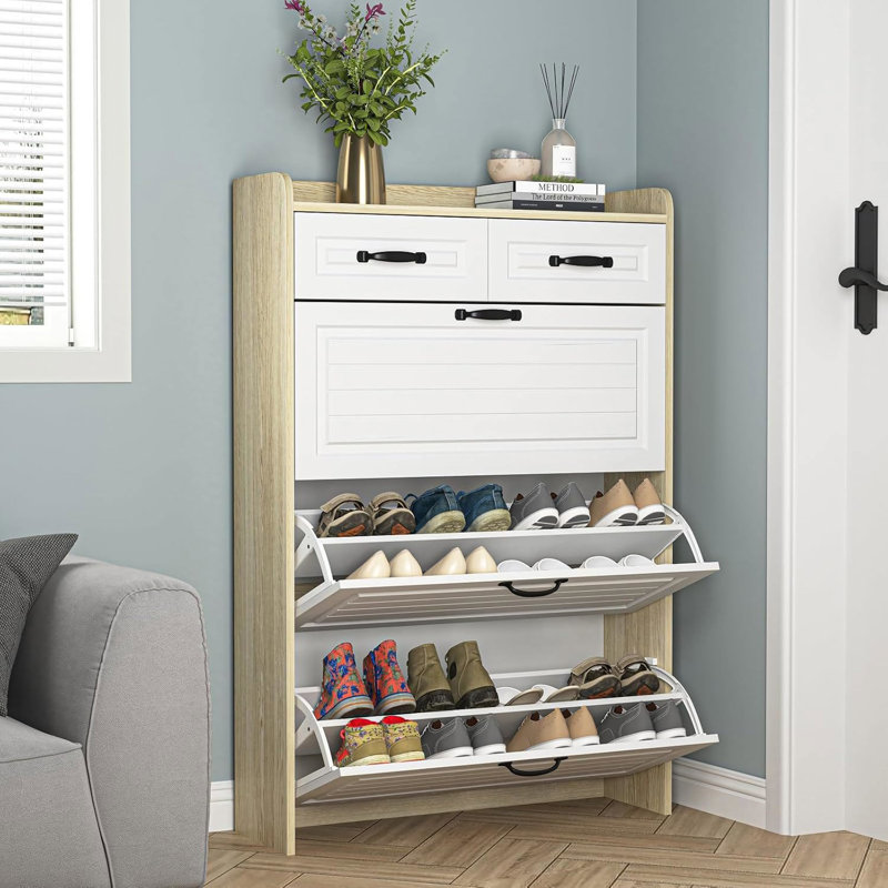 Entryway Hallway Narrow Shoe Cabinet 3 Flip Drawers 2 Top Drawers, Brown/White