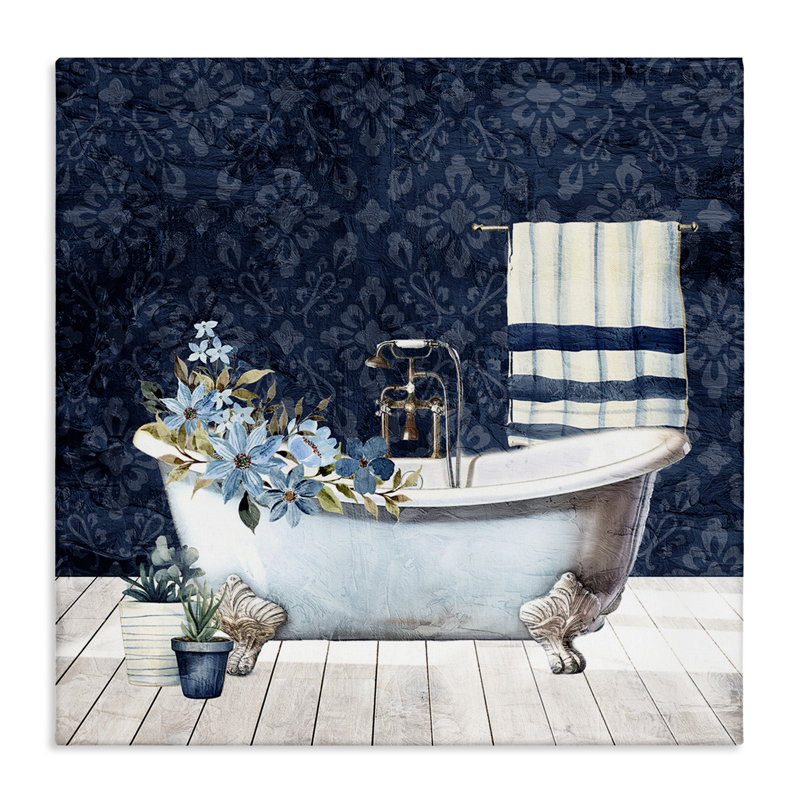 «Blue Damask Bathroom», art mural par Kim Allen, H 36 po x l 36 po