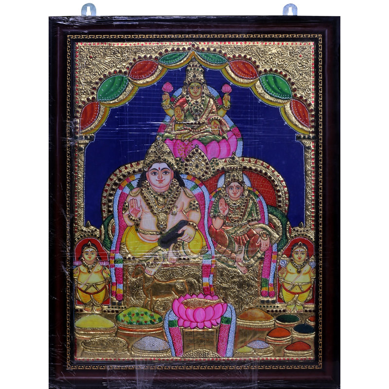 Lakshmi Kubera Tanjore, peinture avec cadre | Couleurs traditionnelles avec or 24 carats