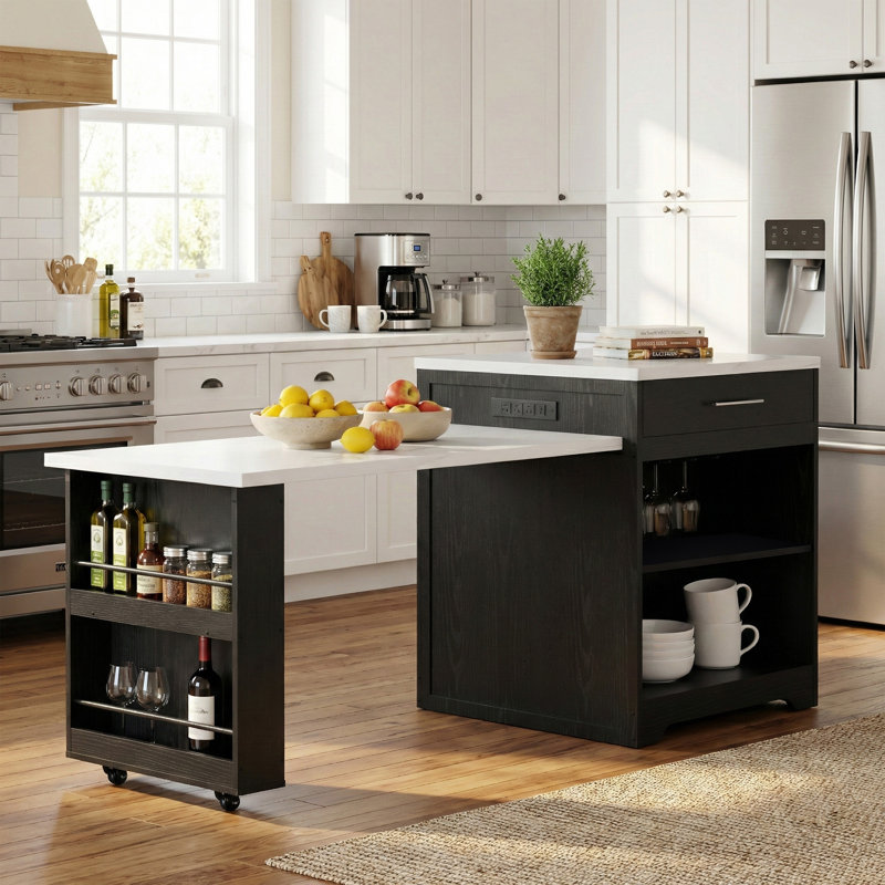 Kitchen Island With Extendable Dining Table For 4-6, Farmhouse Rolling Mobile Center Islands With Storage, Wine Glass Rack, Charging Station, 2 Drawers 2 Side Open Shelves, Marble-pattern