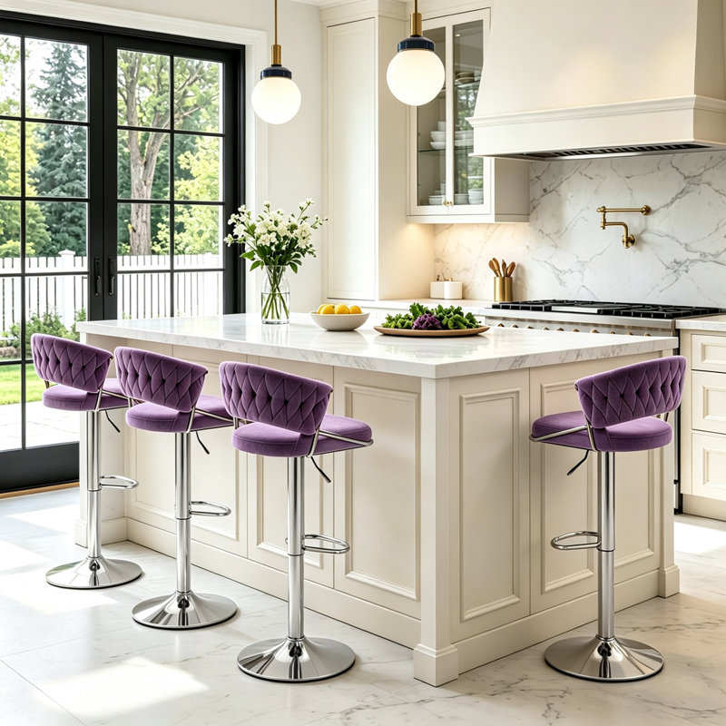 Christal Swivel Upholstered Adjustable Height Counter Stool, Purple, Silver