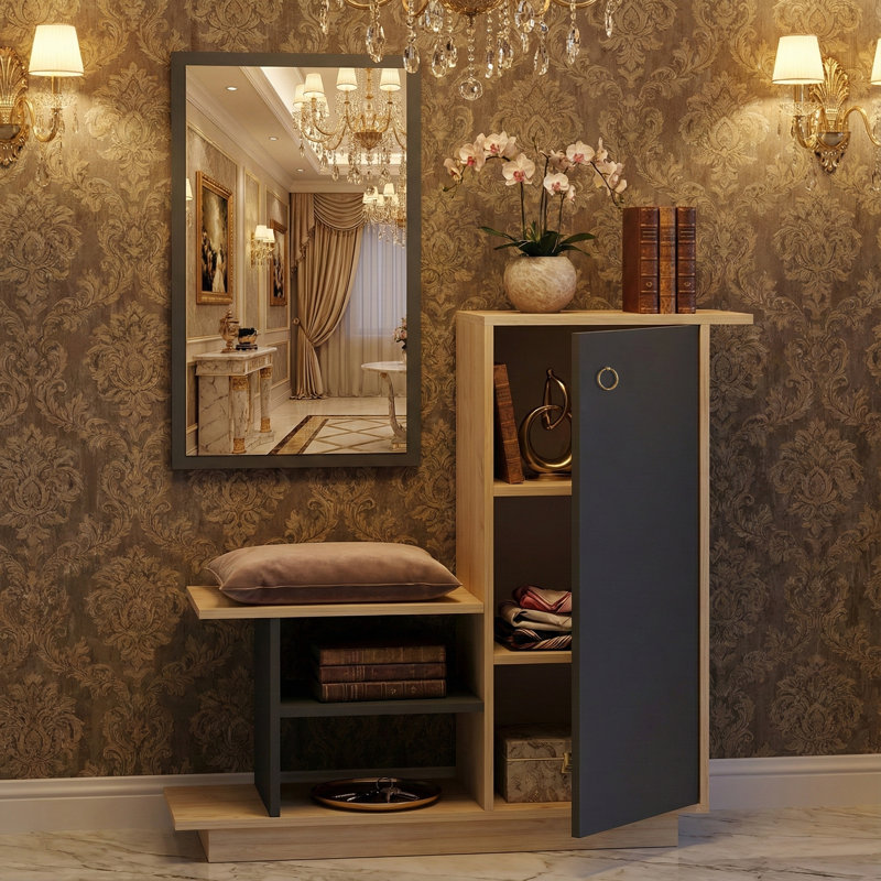 Alcott Modern Hall Tree with Mirror and Storage Cabinet