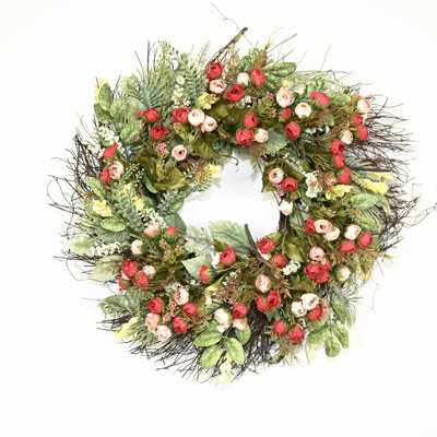 22" Artificial Farmhouse Twig Spring Summer Blossom Cluster Greenery Leaves Mini Rose Floral Front Door Wreath