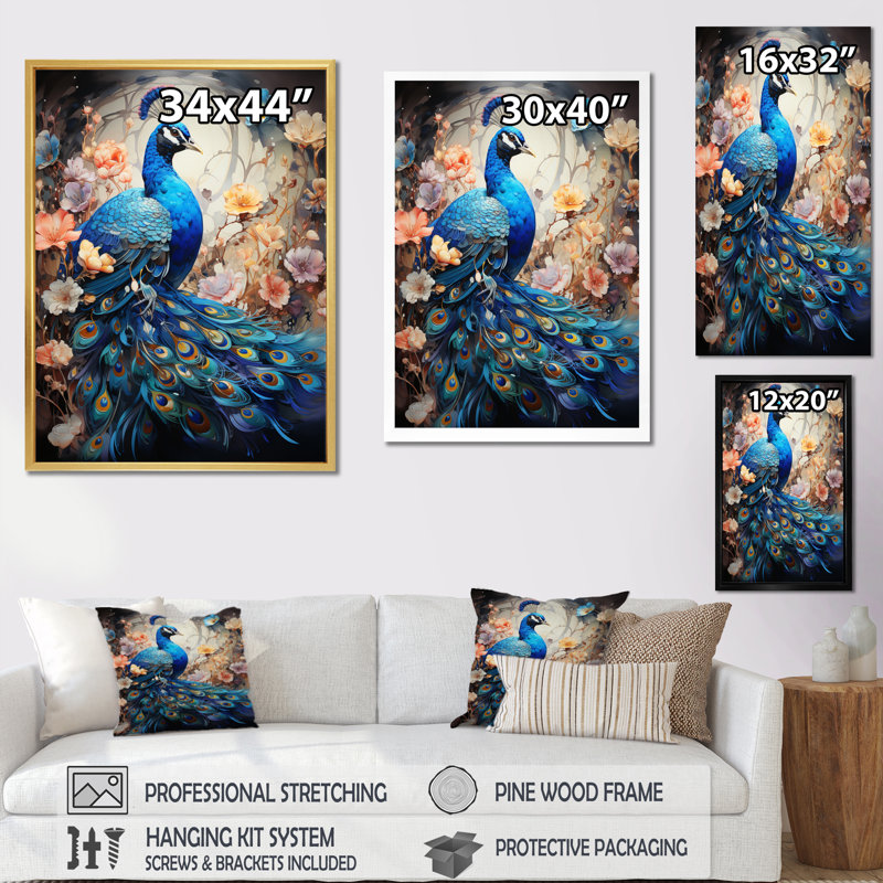 Woodsum Blue Coral Indian Art Dancing Peacock I - Art mural indien, Cadre doré simple, H 32 po x l 24 po x P 1 po