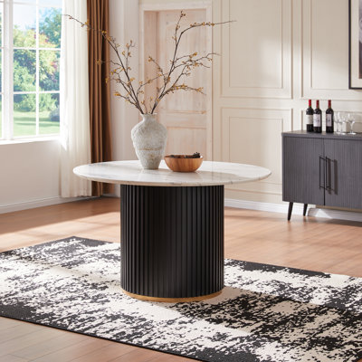 Faux Marble Round Dining Table, With Flutted Pedestal Base