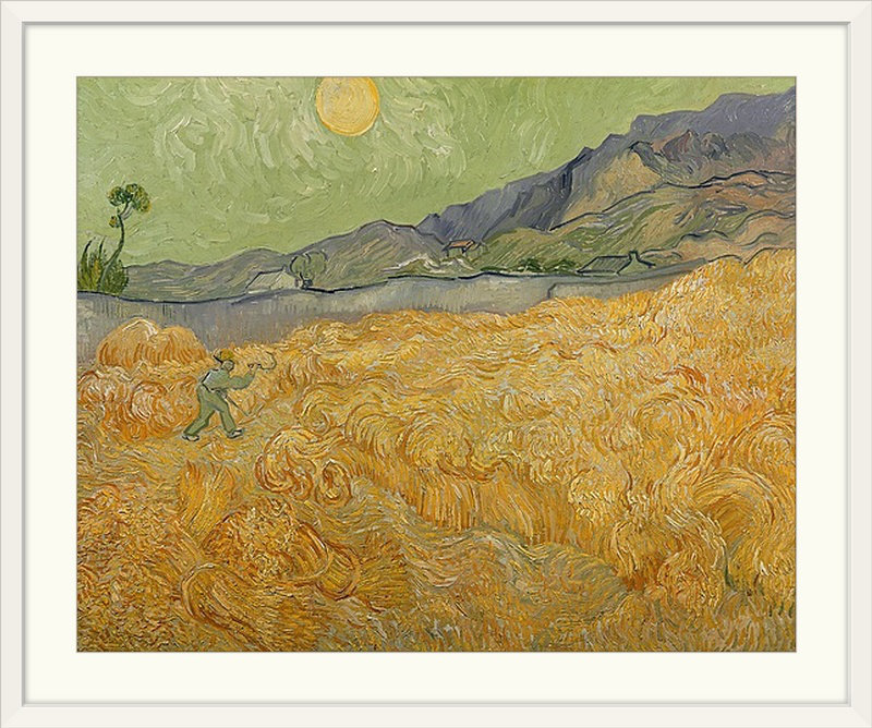 «Wheatfield with Reaper, 1889» par Vincent Van Gogh, reproduction d'art, H 27 po x l 32 po x P 1 po, Cadre blanc
