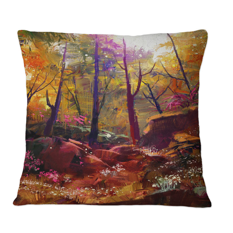 Magnifique forêt d'automne avec lumière du soleil - coussin décoratif imprimé traditionnel, 18 po x 18 po