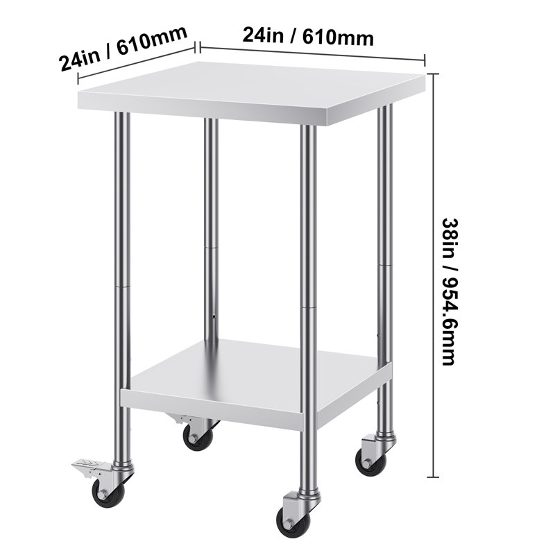 VEVOR Stainless Steel Work Table 38" H x 24" W x 24" D, 700 LBS Load Capacity with 4 Wheels, 3 Adjustable Height Levels